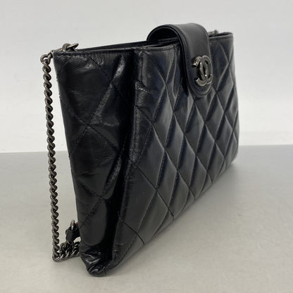 Chanel Shoulder Bag Quilted Leather Black Silver — view 2