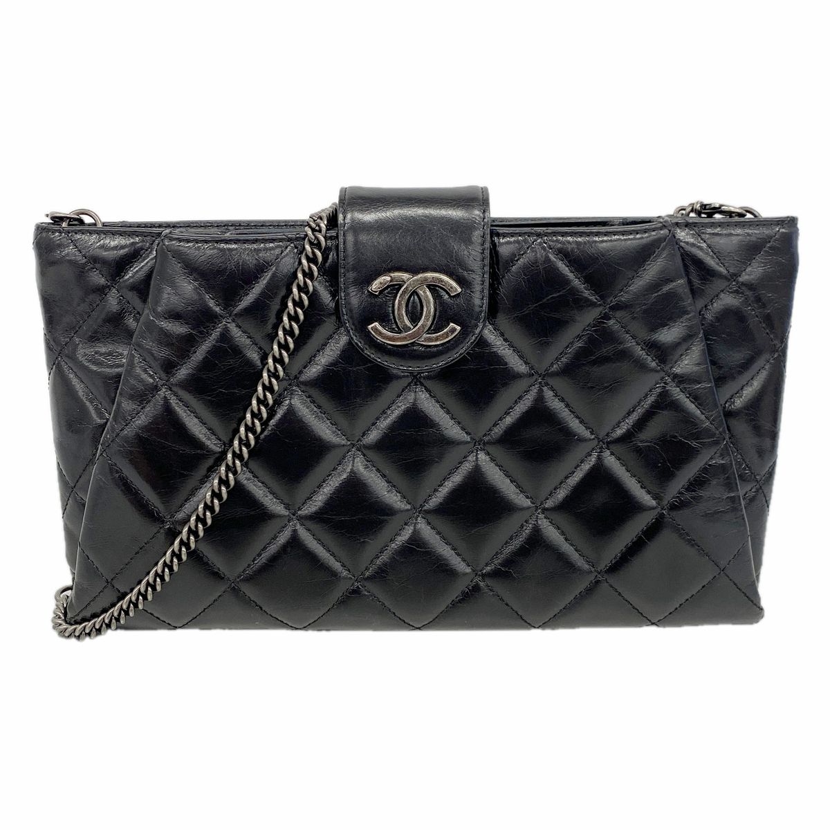 Chanel Shoulder Bag Quilted Leather Black Silver