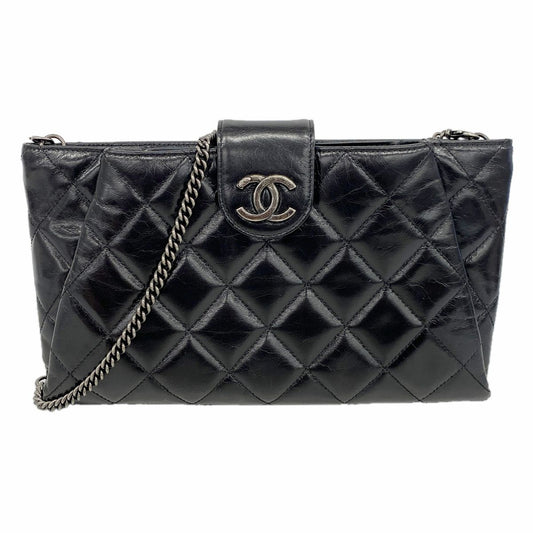 Chanel Shoulder Bag Quilted Leather Black Silver
