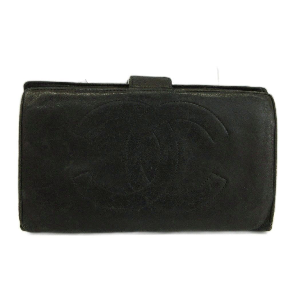 Chanel Vintage Big CC Logo Lambskin Bifold Wallet Sheepskin Leather Kiss Lock