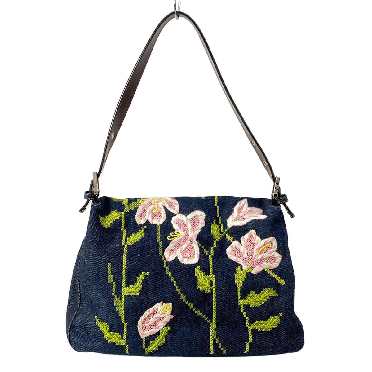 Fendi Shoulder Bag Mamma Bucket Dark Navy Light Pink Multi Embroidery Flower — view 3