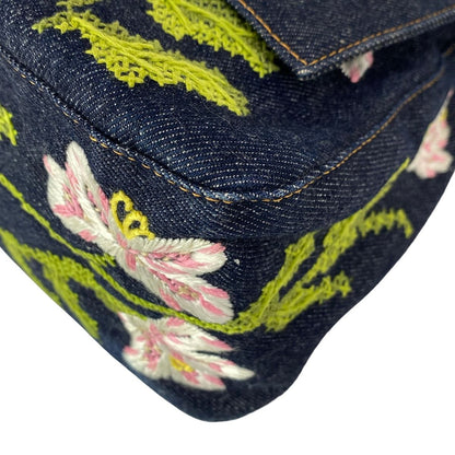 Fendi Shoulder Bag Mamma Bucket Dark Navy Light Pink Multi Embroidery Flower — view 6