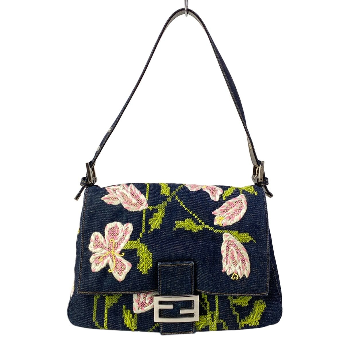 Fendi Shoulder Bag Mamma Bucket Dark Navy Light Pink Multi Embroidery Flower