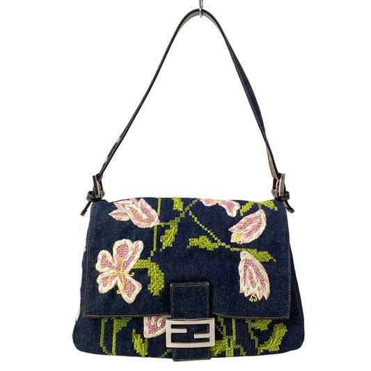 Fendi Shoulder Bag Mamma Bucket Dark Navy Light Pink Multi Embroidery Flower