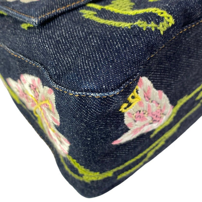 Fendi Shoulder Bag Mamma Bucket Dark Navy Light Pink Multi Embroidery Flower — view 7