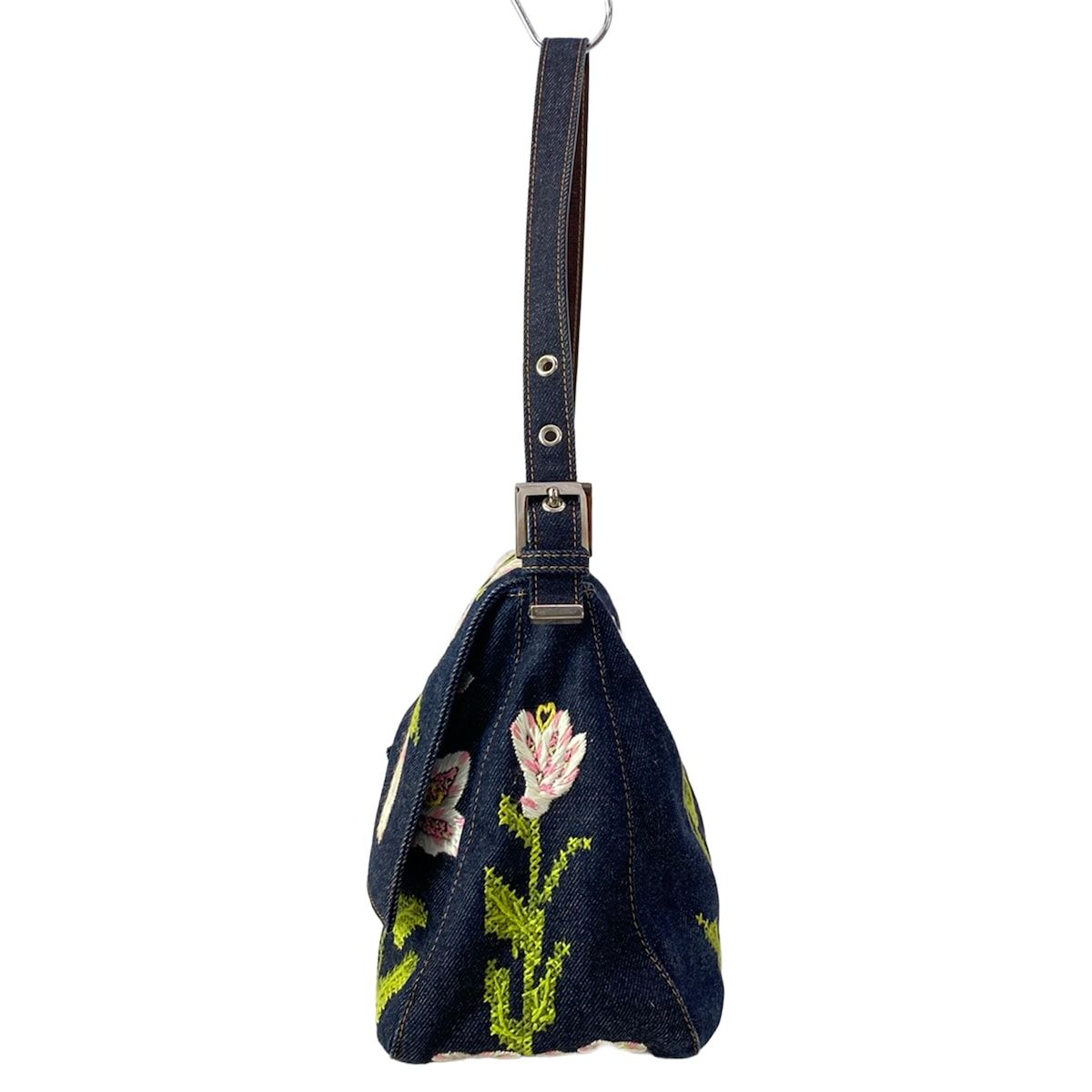 Fendi Shoulder Bag Mamma Bucket Dark Navy Light Pink Multi Embroidery Flower — view 4