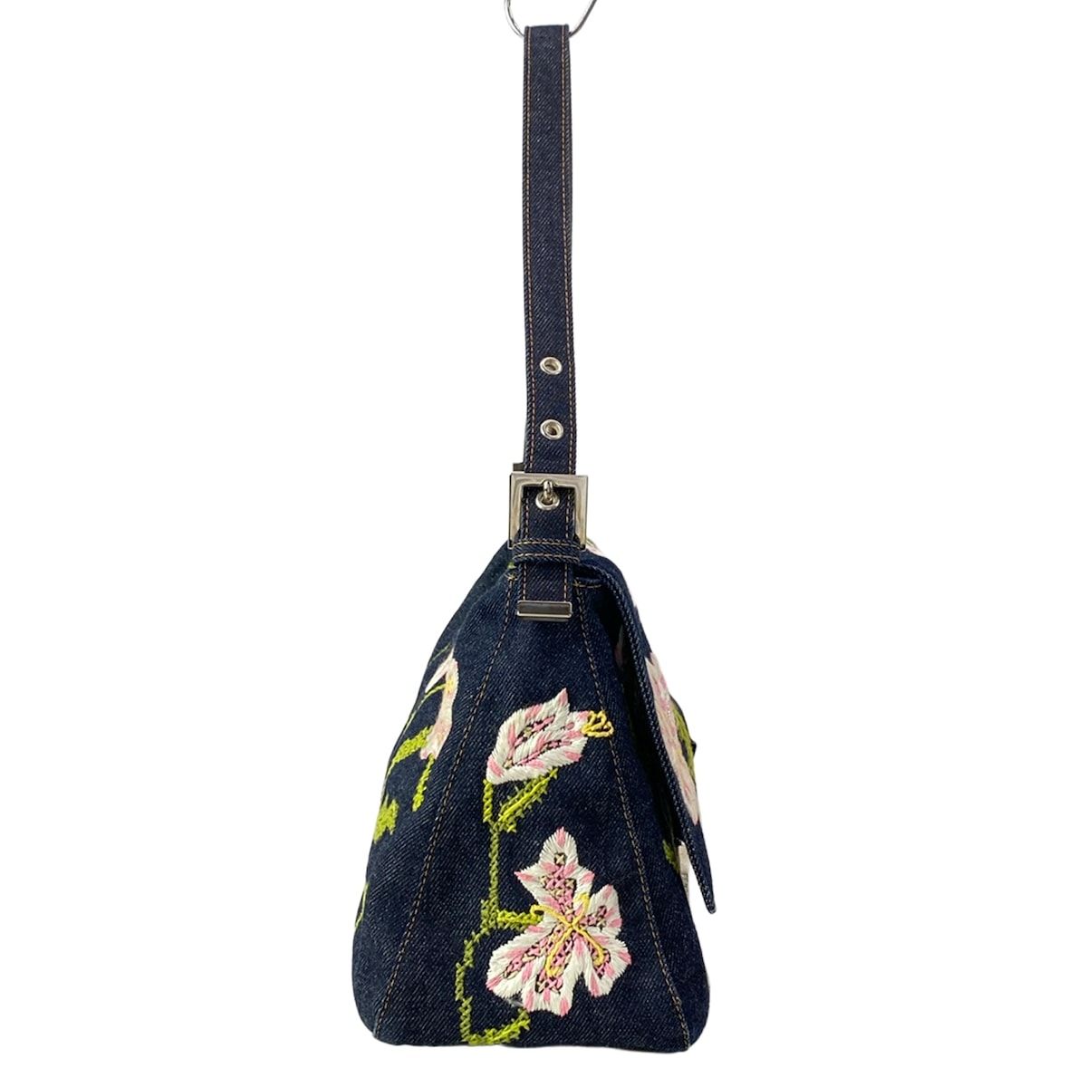 Fendi Shoulder Bag Mamma Bucket Dark Navy Light Pink Multi Embroidery Flower — view 2