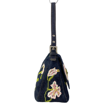 Fendi Shoulder Bag Mamma Bucket Dark Navy Light Pink Multi Embroidery Flower — view 2