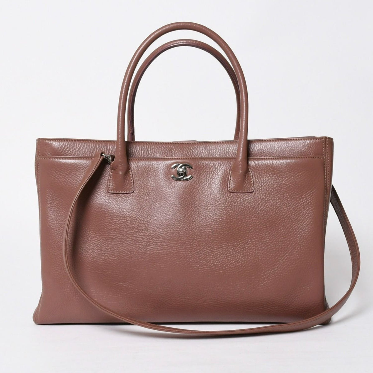 Chanel Executive Tote Bag Large CC Logo Caviar Leather Brown Silver
