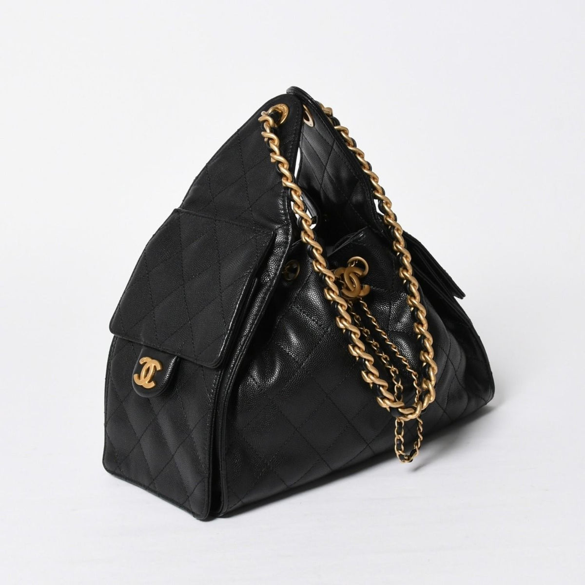 Chanel 25 Small Handbag CC Logo Caviar Leather Gold Black — view 3