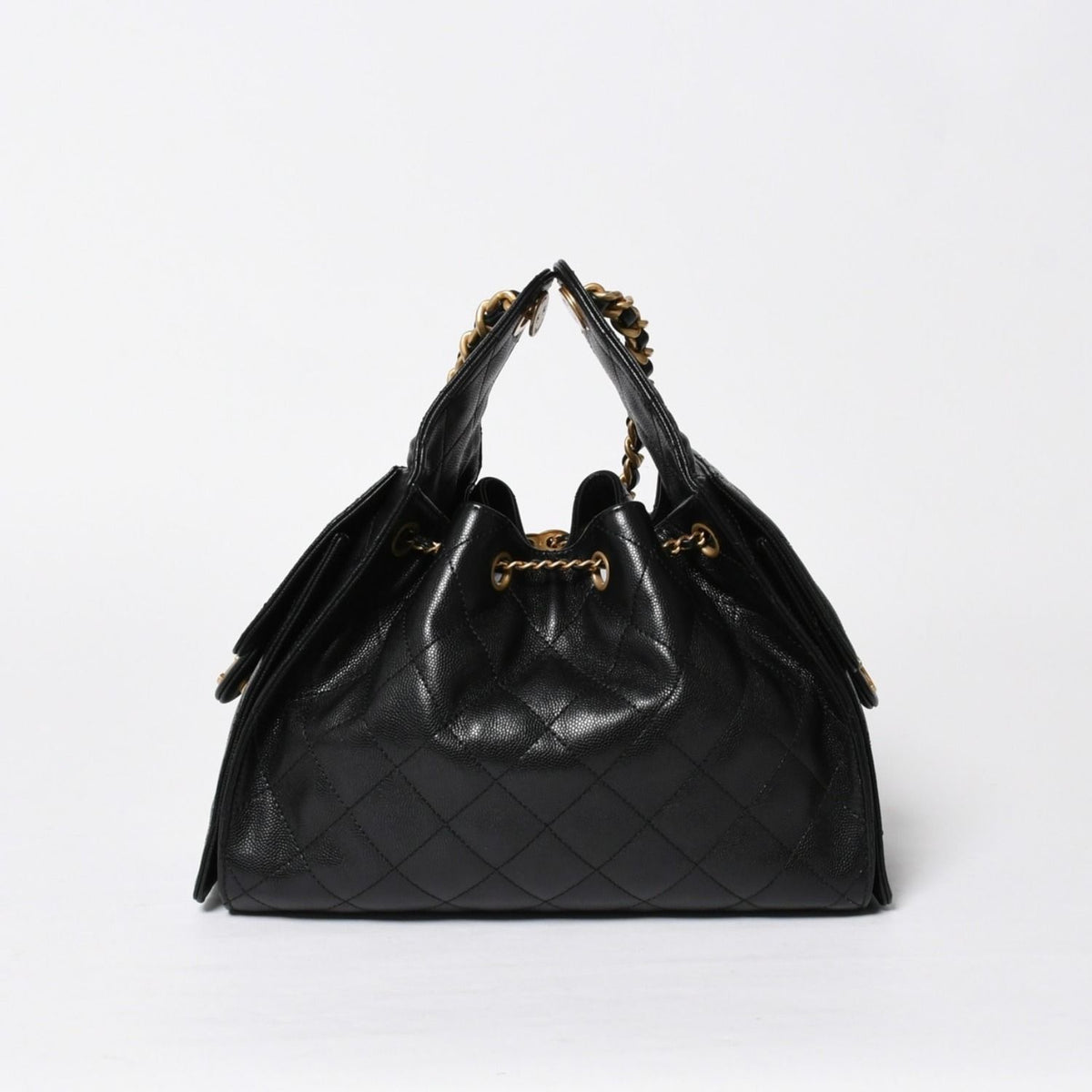 Chanel 25 Small Handbag CC Logo Caviar Leather Gold Black — view 2