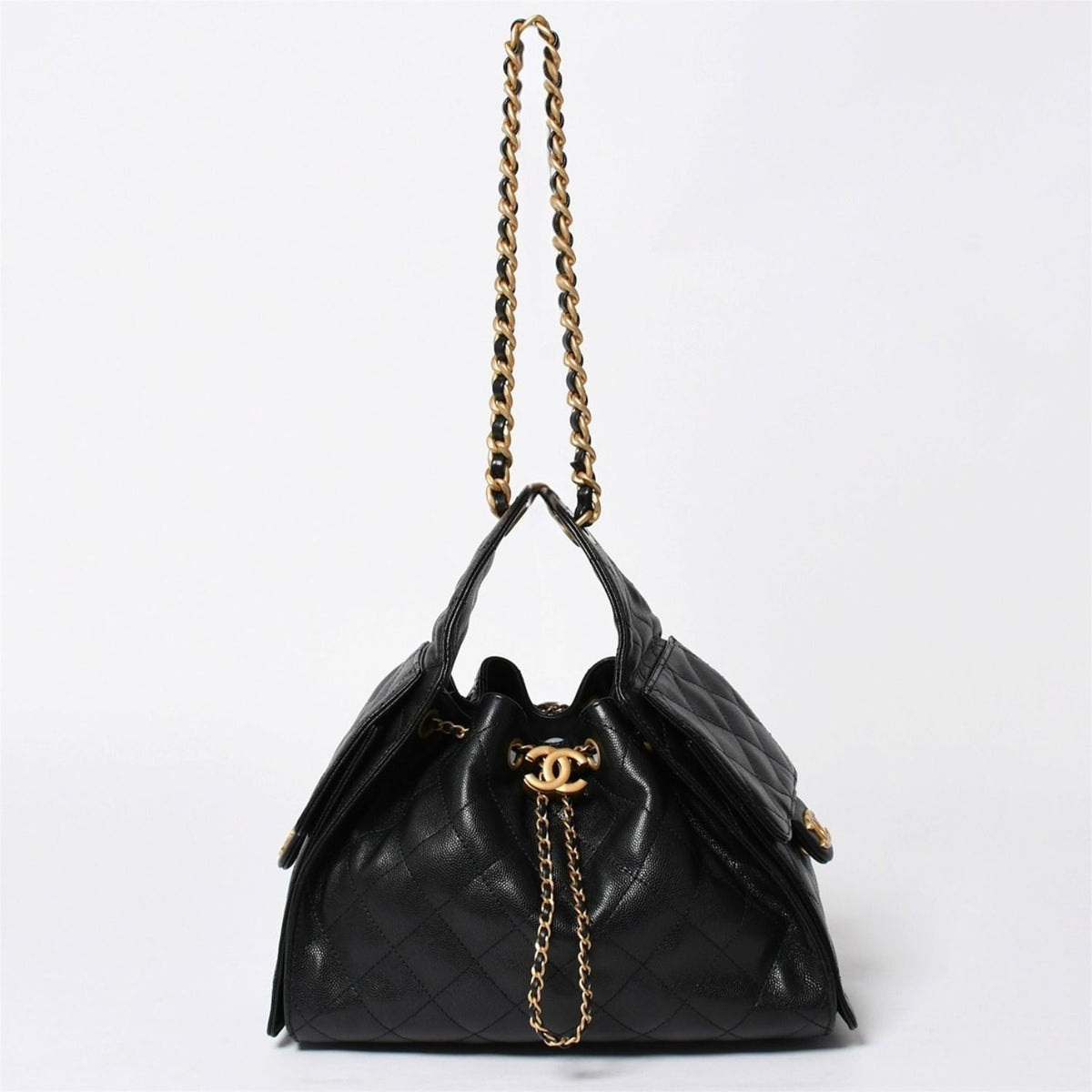 Chanel 25 Small Handbag CC Logo Caviar Leather Gold Black