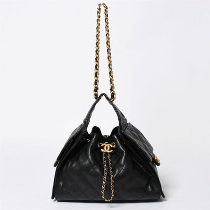 Chanel 25 Small Handbag CC Logo Caviar Leather Gold Black