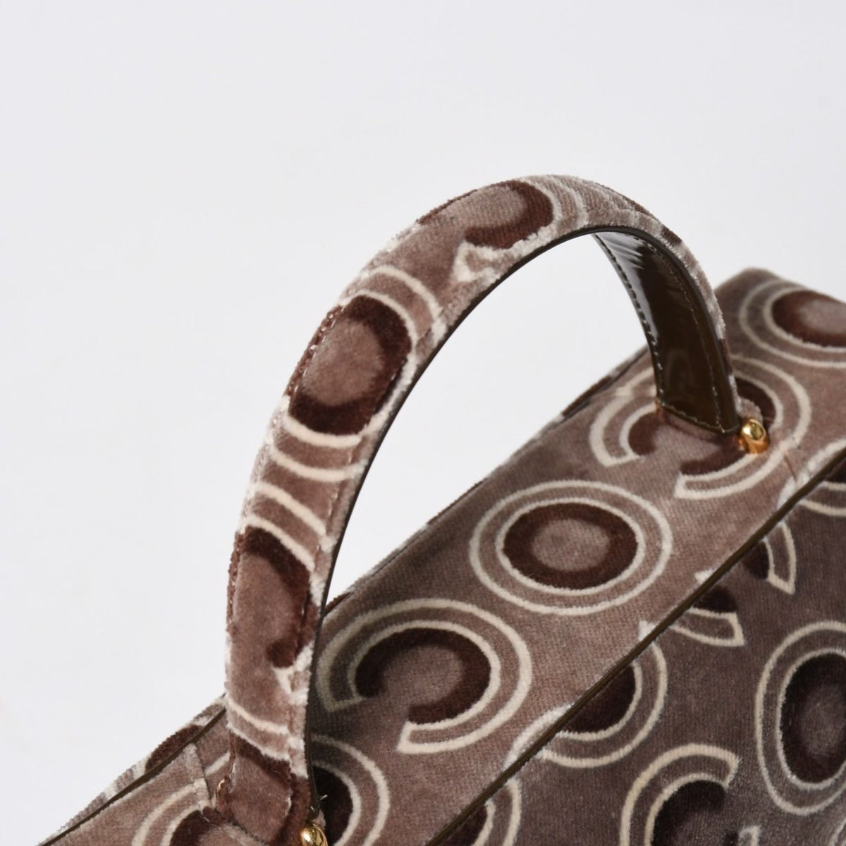Chanel Top Handle Handbag CC Logo Coco Print Velvet Brown Gold All Over — view 5