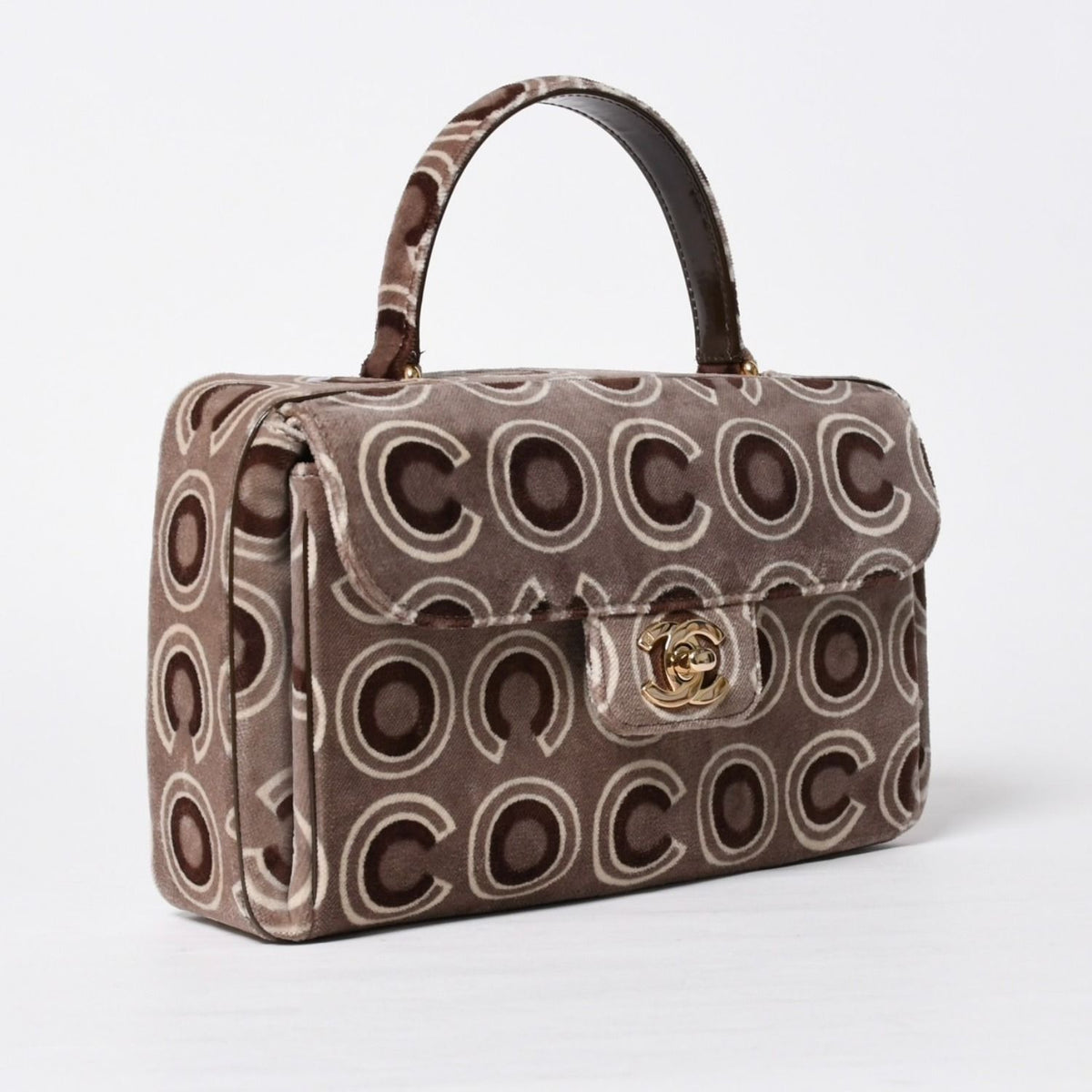 Chanel Top Handle Handbag CC Logo Coco Print Velvet Brown Gold All Over — view 3
