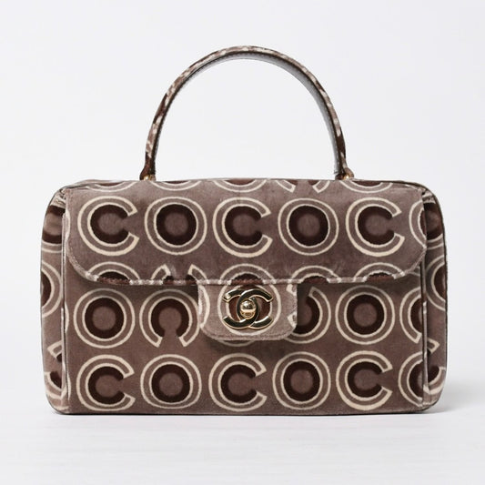 Chanel Top Handle Handbag CC Logo Coco Print Velvet Brown Gold All Over