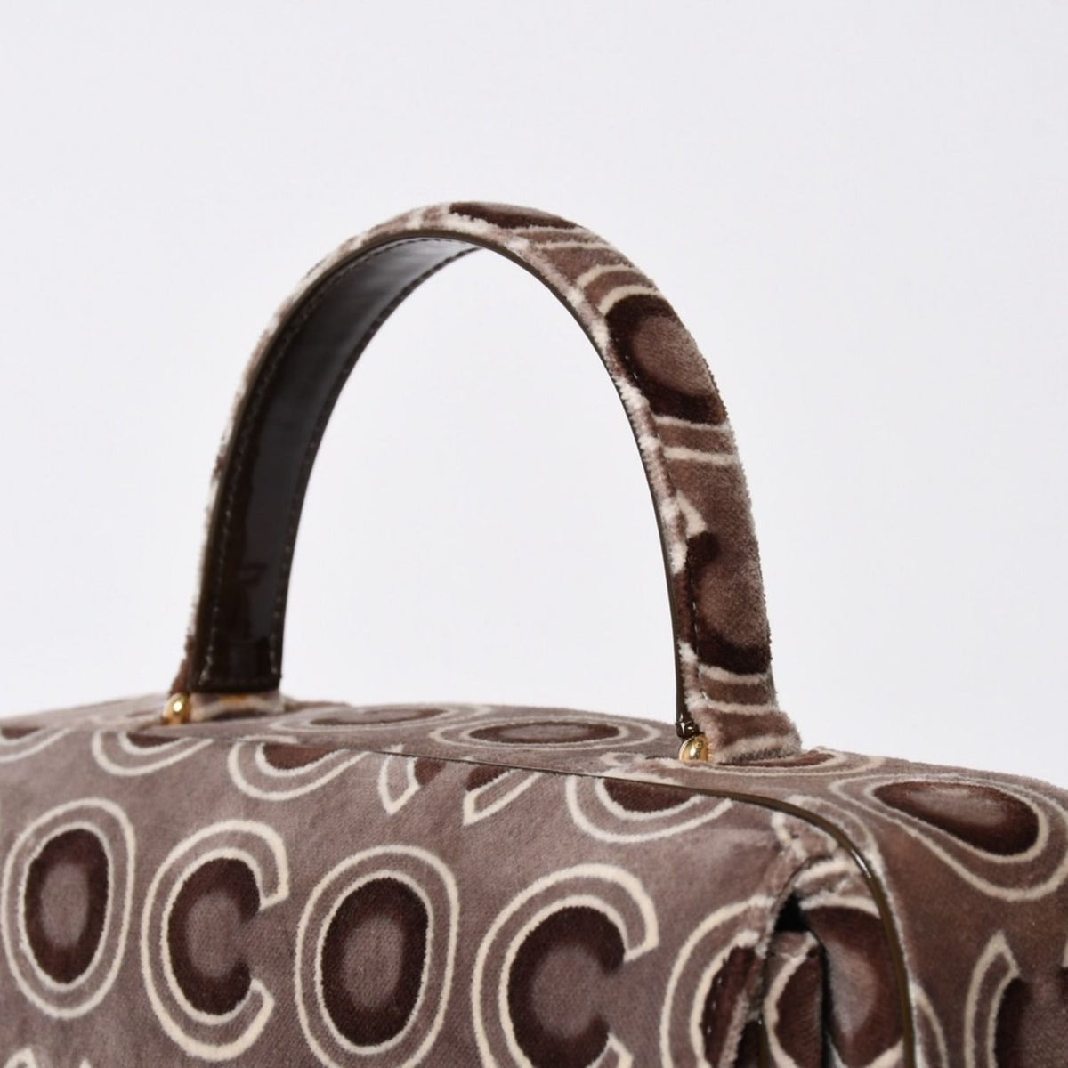 Chanel Top Handle Handbag CC Logo Coco Print Velvet Brown Gold All Over — view 6