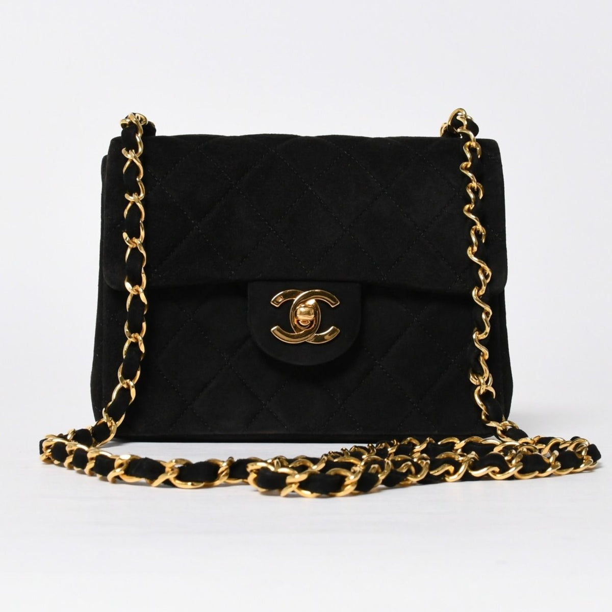 Chanel Mini Square 17 Chain Shoulder Bag Black Suede Gold