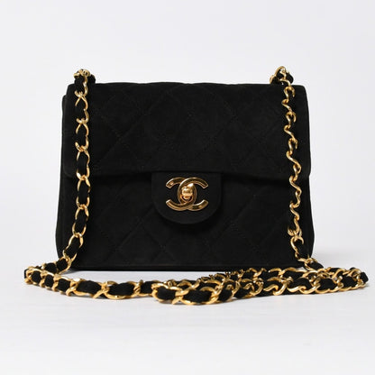 Chanel Mini Square 17 Chain Shoulder Bag Black Suede Gold
