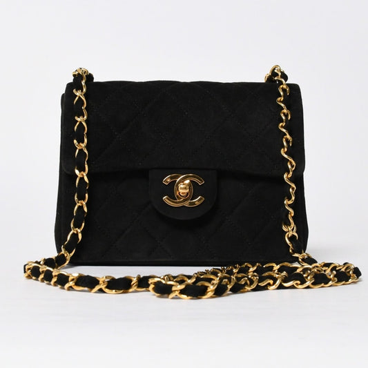 Chanel Mini Square 17 Chain Shoulder Bag Black Suede Gold