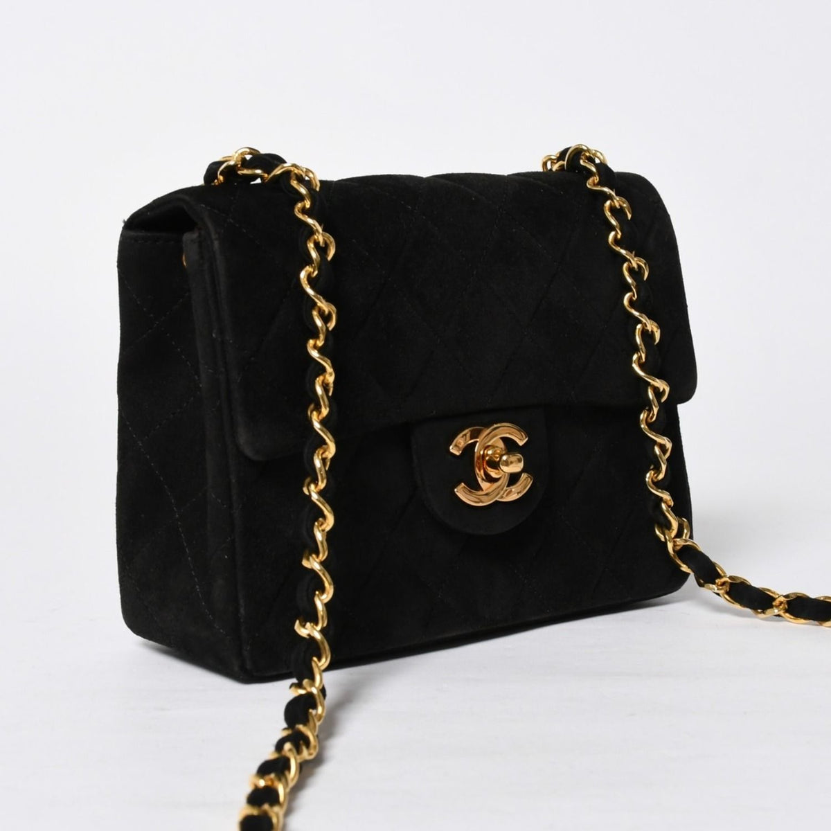 Chanel Mini Square 17 Chain Shoulder Bag Black Suede Gold — view 3