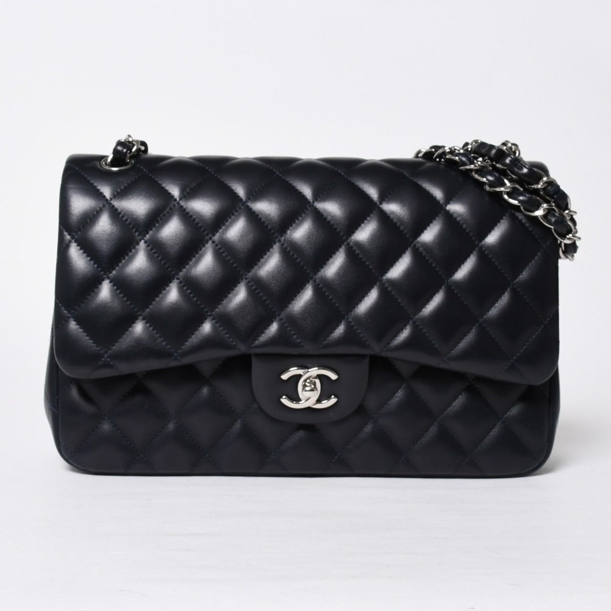 Chanel Chain Shoulder Bag Lambskin Quilted 30 Double Flap Navy Silver