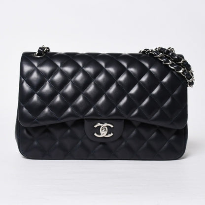 Chanel Chain Shoulder Bag Lambskin Quilted 30 Double Flap Navy Silver