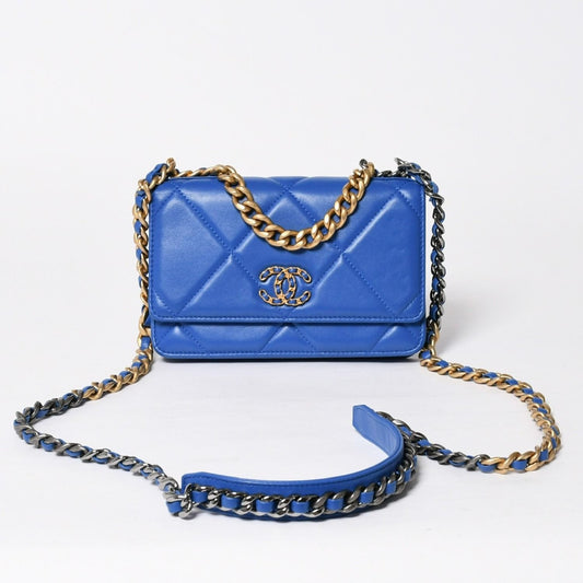 Chanel 19 Chain Wallet Shoulder Bag Blue Gold Lambskin