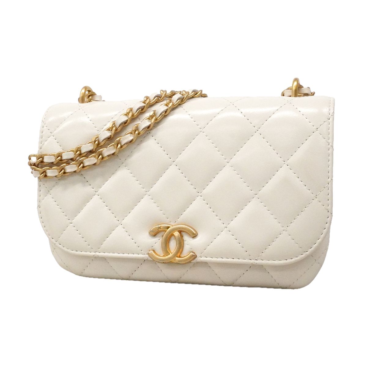 Chanel Shoulder Bag Quilted Lambskin White Champagne Gold