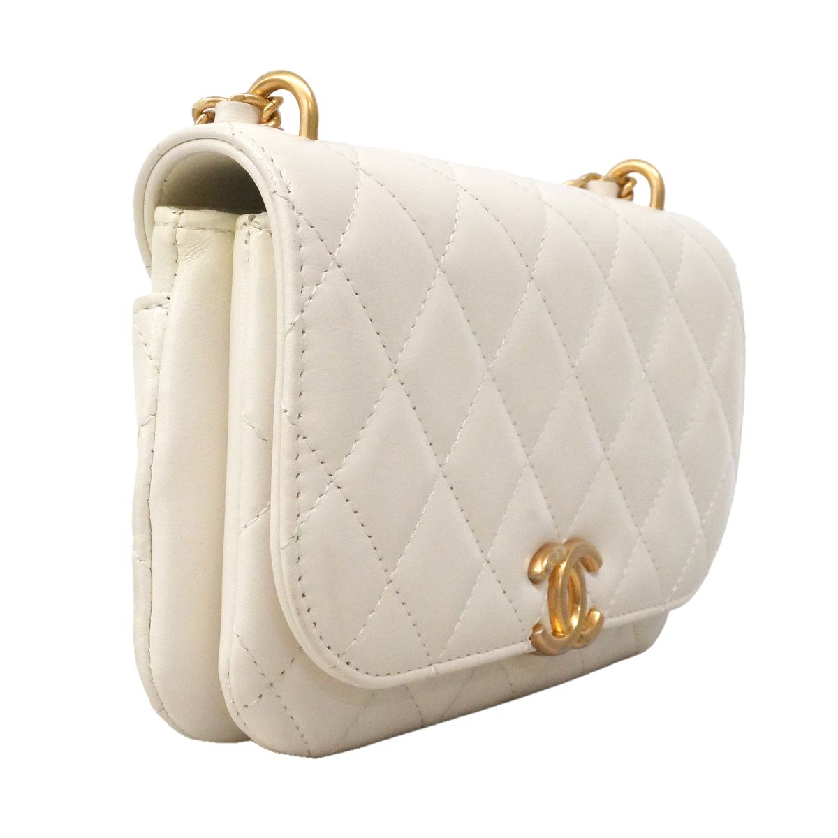 Chanel Shoulder Bag Quilted Lambskin White Champagne Gold — view 2