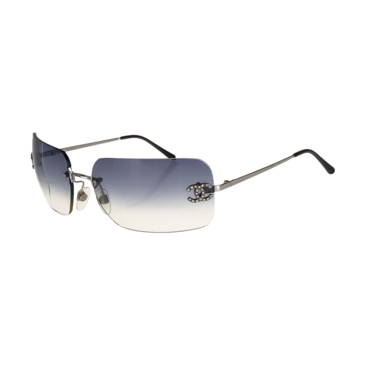 Chanel Rimless CC Logo Blue Silver Metal Acetate Sunglasses Eyewear