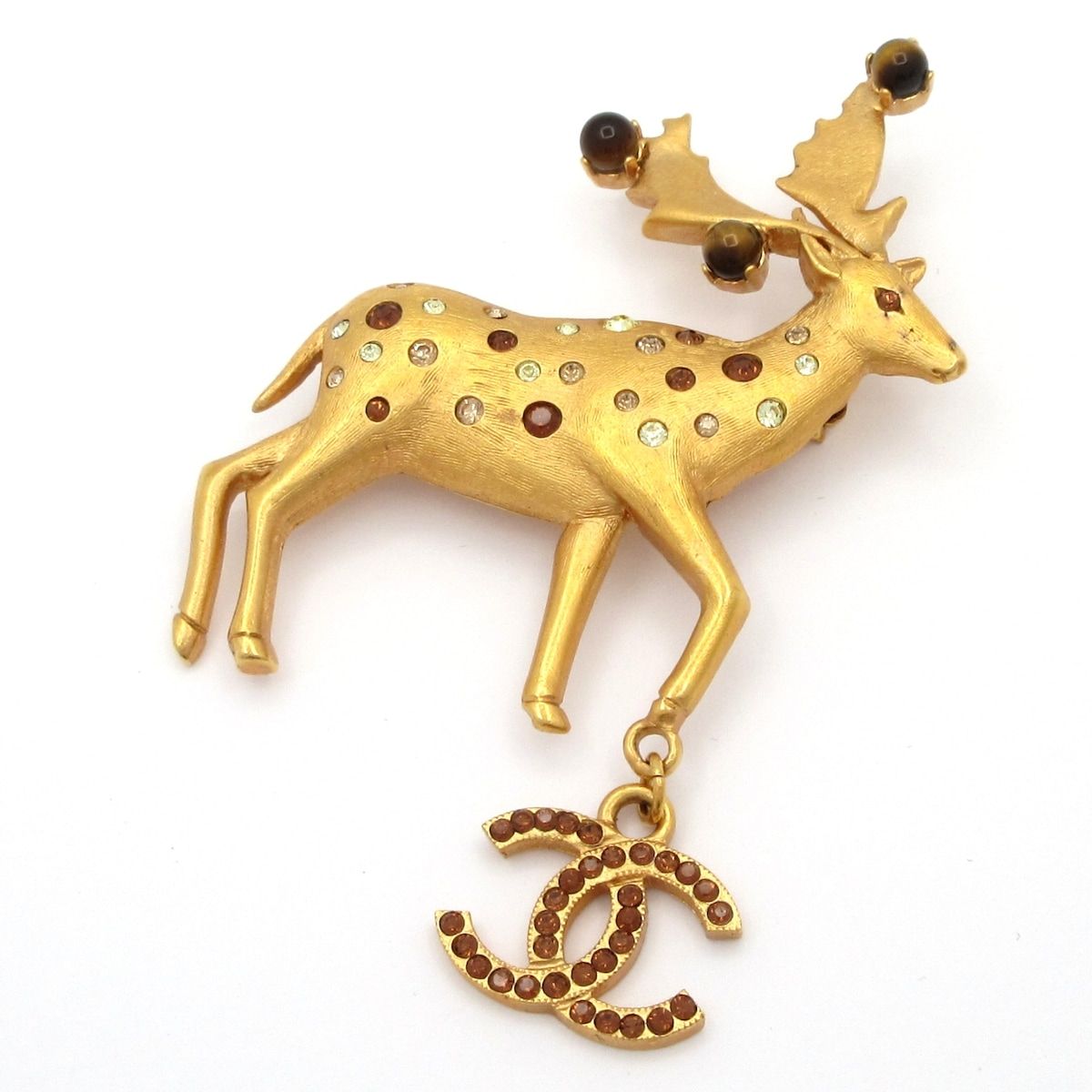Chanel Brooch Gold Brown Clear CC Logo Reindeer