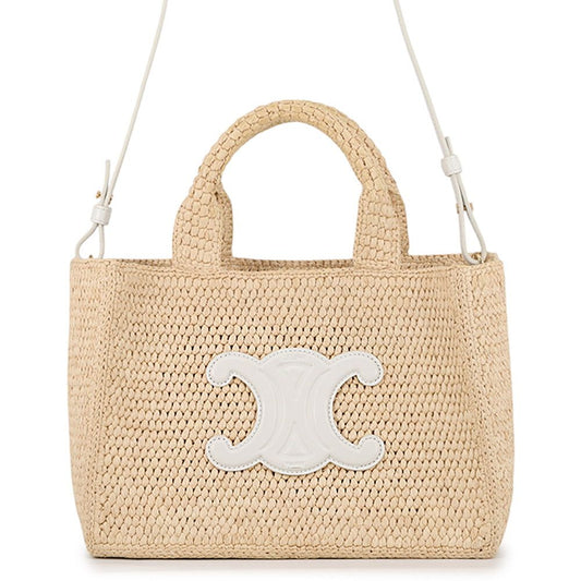 Celine Handbag Triomphe Cabas Thais Small Raffia 2-Way White
