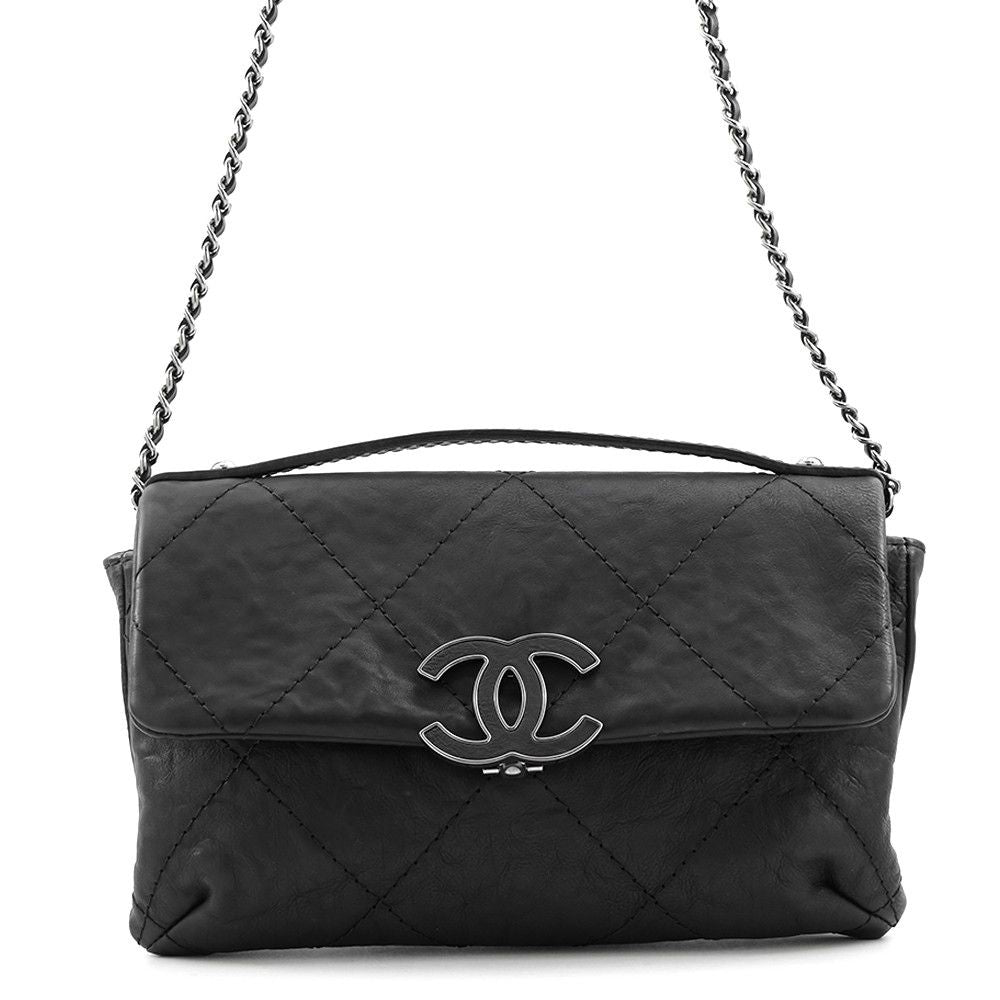 Chanel Chain Shoulder Bag Quilted CC Logo Hamptons Line Leather Black