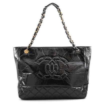 Chanel Chain Tote Bag CC Logo Quilted Shiny Aged Calfskin Black