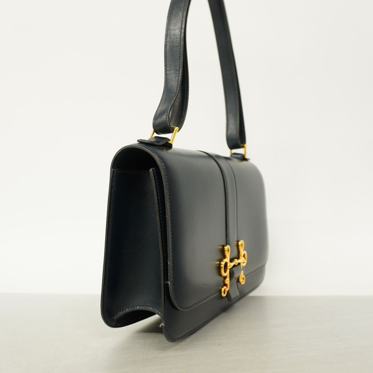 Hermes Shoulder Bag Solonge Box Calf Navy Gold — view 2