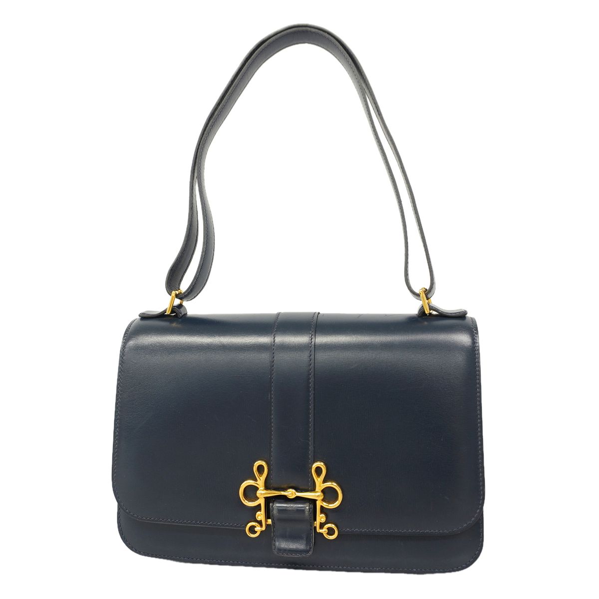 Hermes Shoulder Bag Solonge Box Calf Navy Gold