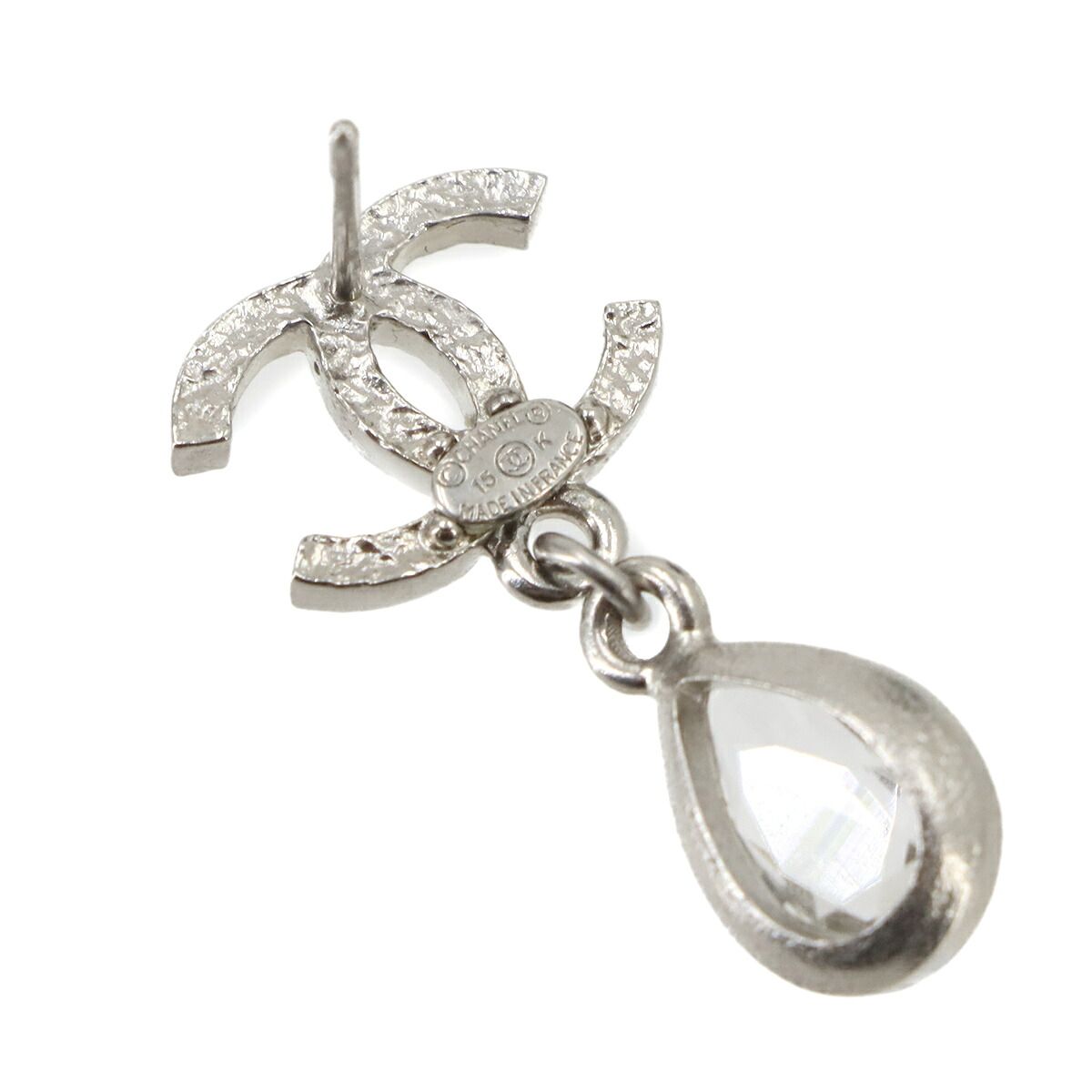 Chanel CC Logo Crystal Stone Drop Earrings Silver 15K — view 3