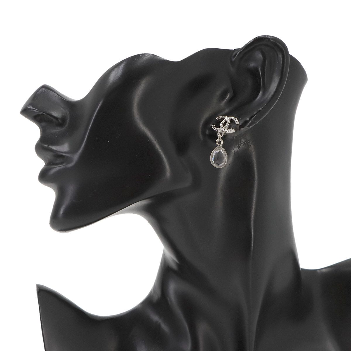 Chanel CC Logo Crystal Stone Drop Earrings Silver 15K — view 5