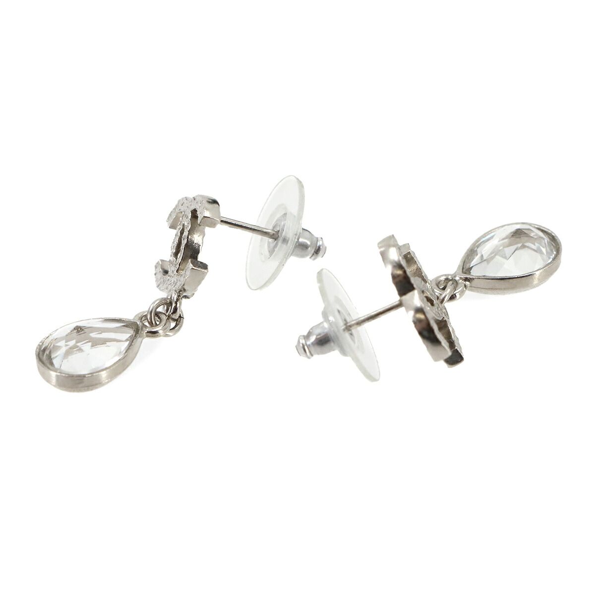 Chanel CC Logo Crystal Stone Drop Earrings Silver 15K — view 2