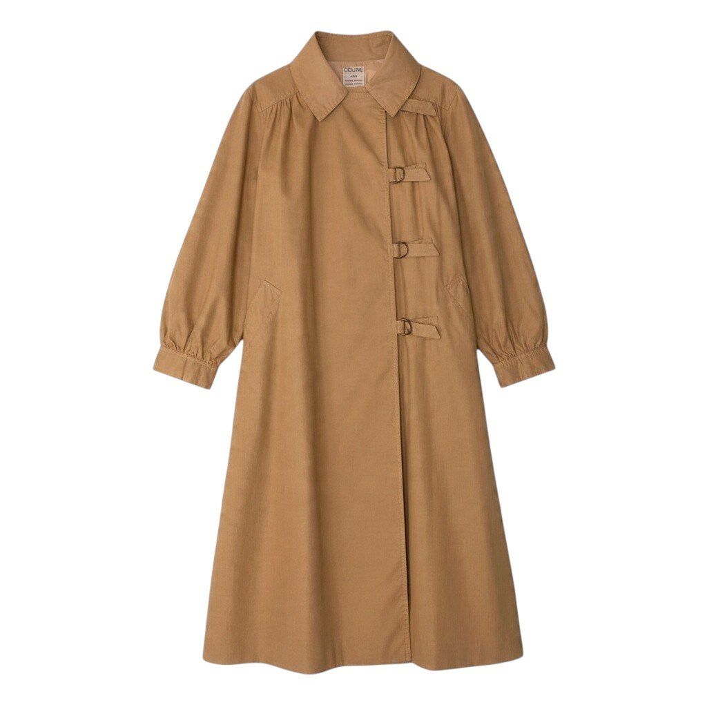 Celine Vintage Long Coat Lightweight Trim Off Gold Button Beige