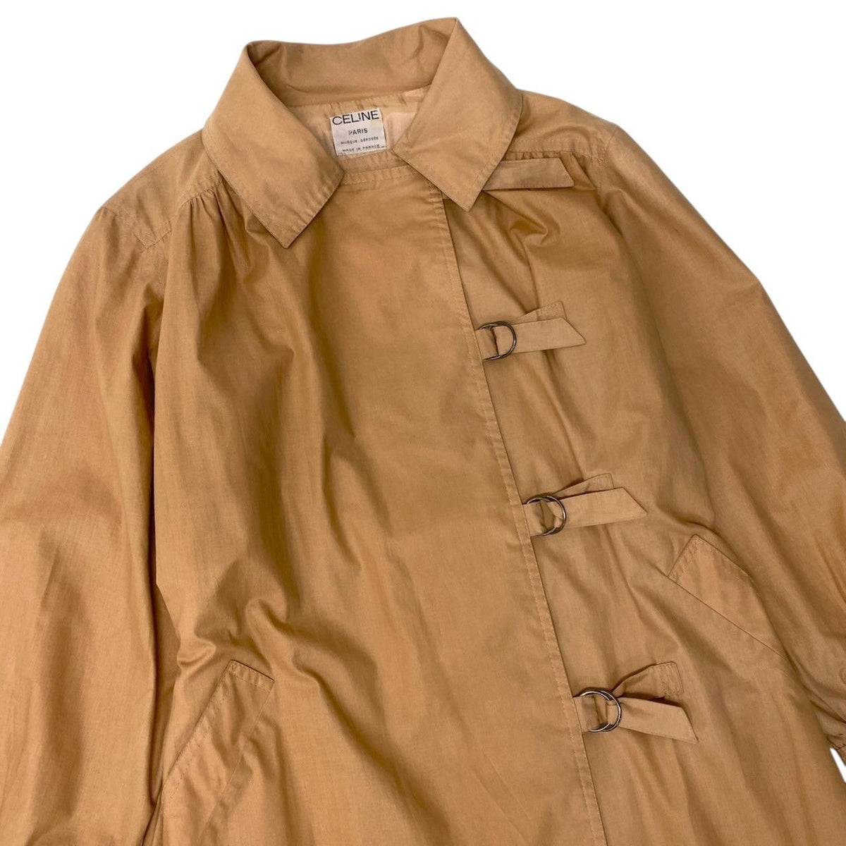 Celine Vintage Long Coat Lightweight Trim Off Gold Button Beige — view 4