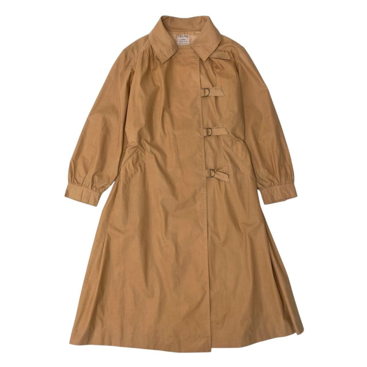 Celine Vintage Long Coat Lightweight Trim Off Gold Button Beige — view 2