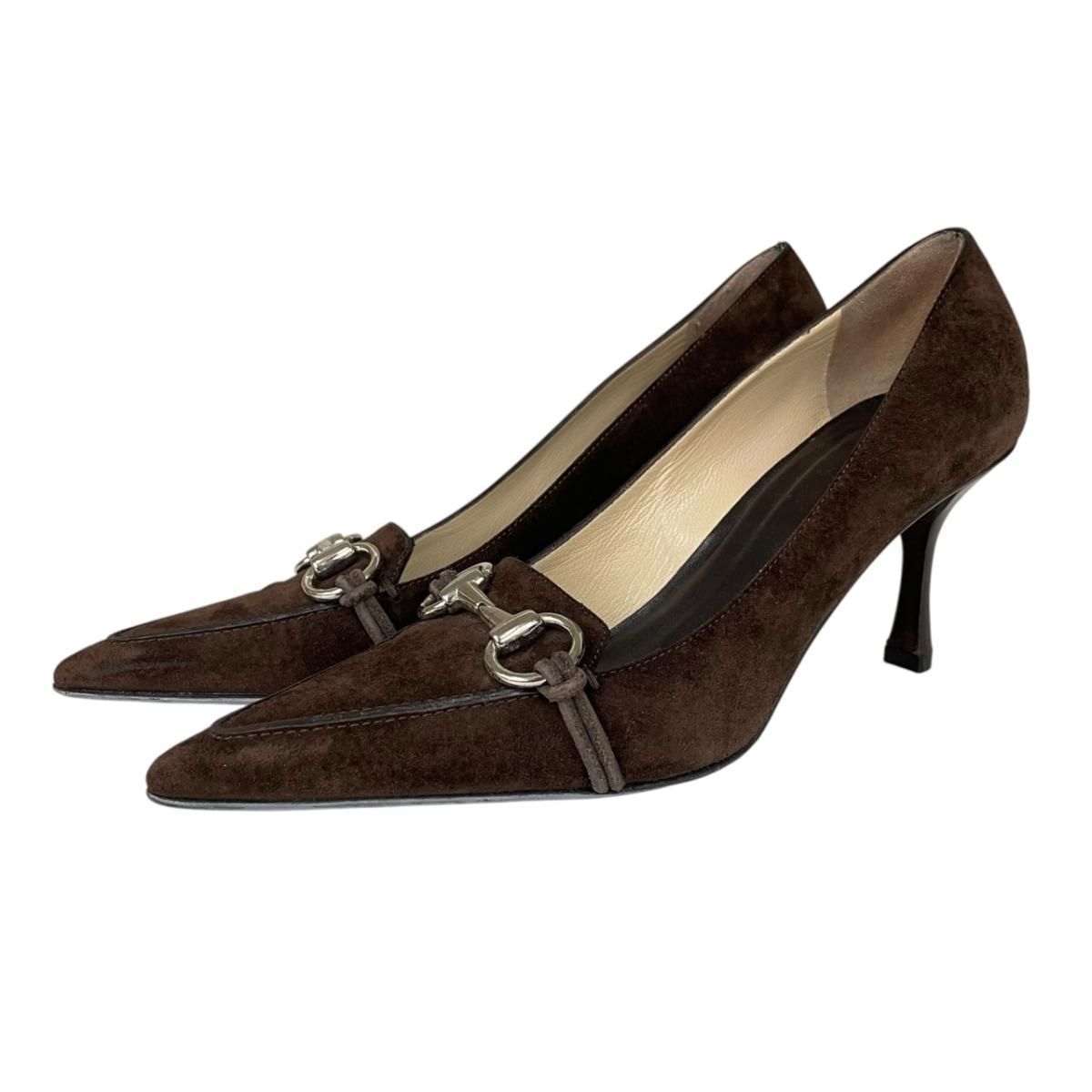 Gucci Horsebit Leather Suede Pumps High Heels 37 Brown