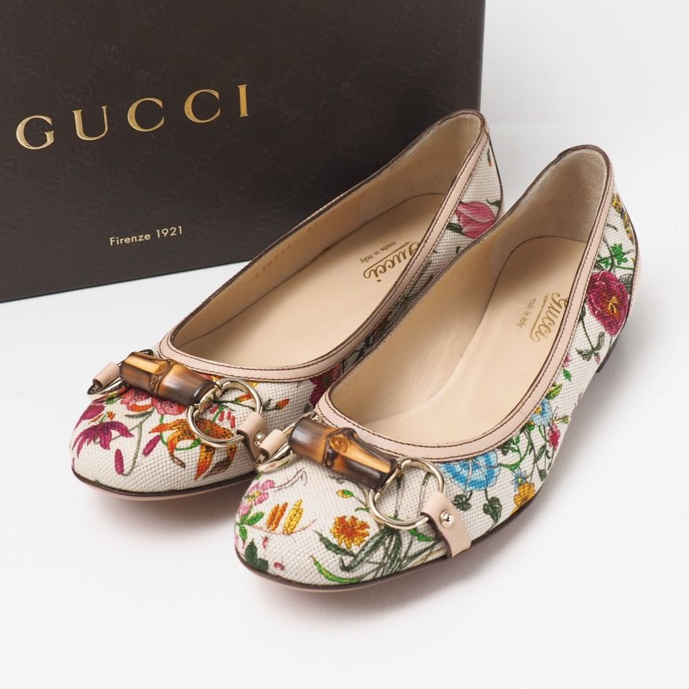 Gucci Pumps Bamboo Horsebit Flat Flower Leather Canvas/rb