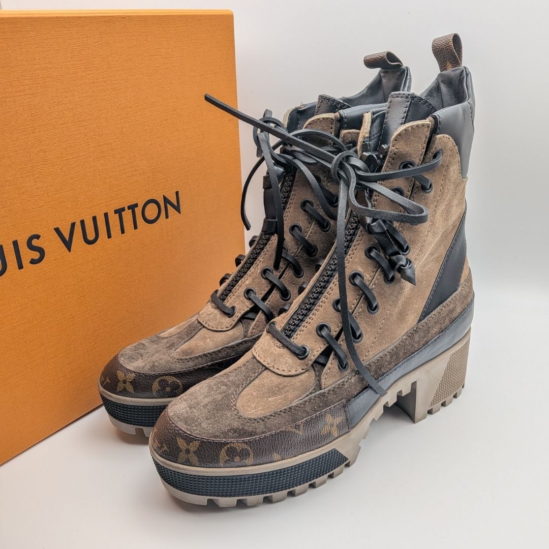 Louis Vuitton Laureate Line Monogram Reverse Suede Ankle Boots Brown Front Zip