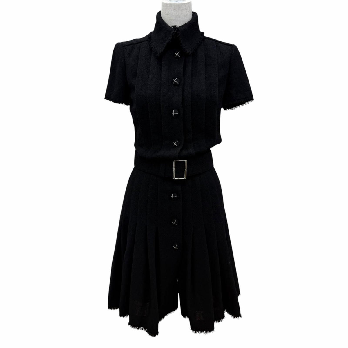 Chanel Vintage 07A Wool CC Logo Button Belt Tweed Dress Black FR 34