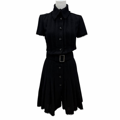 Chanel Vintage 07A Wool CC Logo Button Belt Tweed Dress Black FR 34