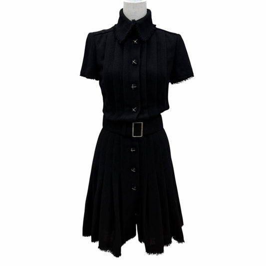Chanel Vintage 07A Wool CC Logo Button Belt Tweed Dress Black FR 34