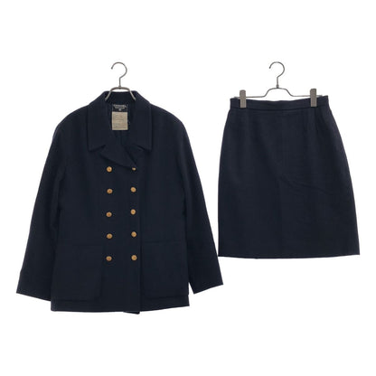 Chanel Set Wool Gold Button Double Breasted Jacket Skirt Navy 40